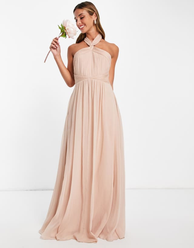 ASOS DESIGN Bridesmaid ruched halter maxi dress with twist detail in blush