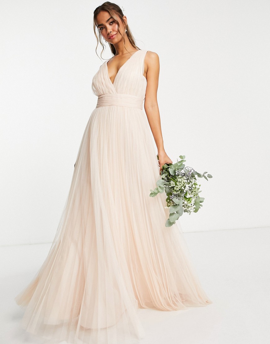 ASOS DESIGN Bridesmaid ruched maxi dress with pleated skirt and button back detail in champagne-Pink
