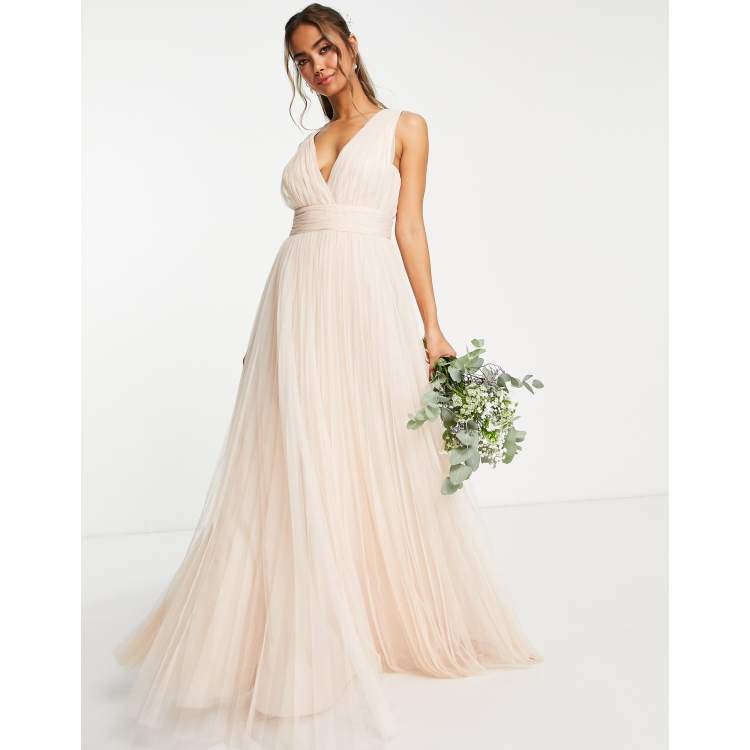 ASOS DESIGN bridesmaid tulle cami maxi dress with satin ribbon waist detail  and pleated skirt in champagne - ShopStyle