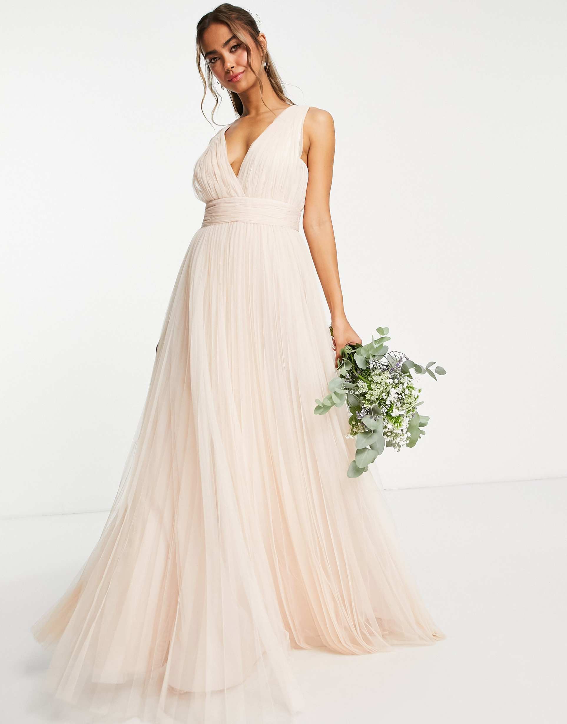 asos design bridesmaid ruched maxi dress with pleated skirt and button back detail in champagne