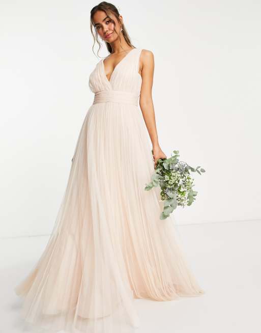 ASOS DESIGN Bridesmaid ruched maxi dress with pleated skirt and button ...