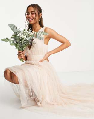 ASOS DESIGN Bridesmaid ruched maxi dress with pleated skirt and button back detail in champagne