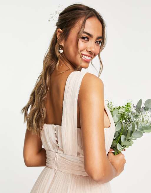 ASOS DESIGN Bridesmaid ruched maxi dress with pleated skirt and button back  detail in champagne