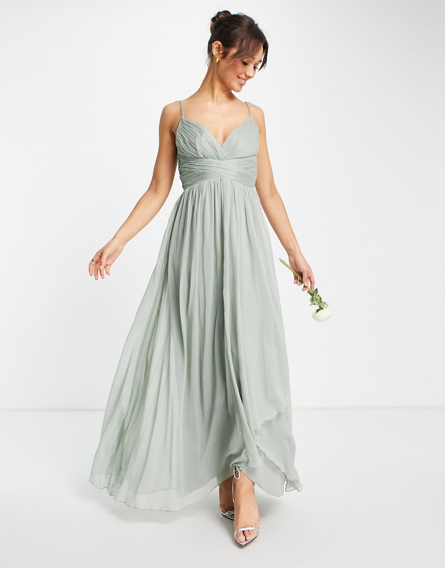 ASOS DESIGN Bridesmaid ruched panel cami maxi dress with wrap skirt in olive-Green