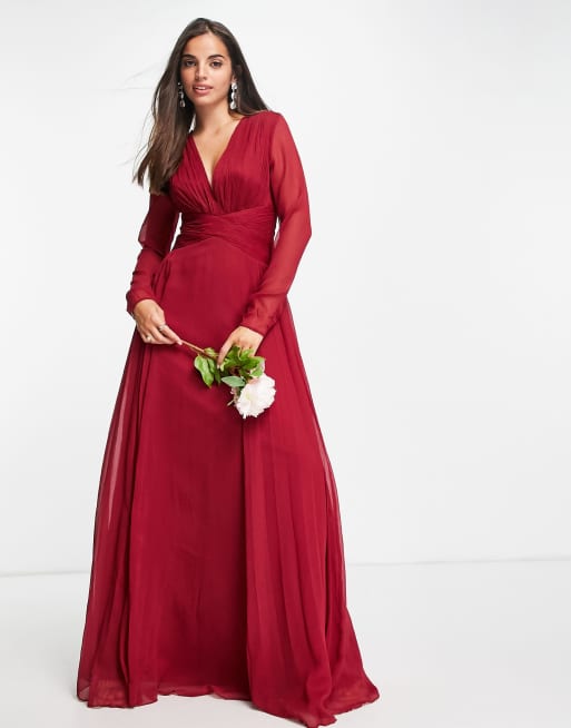 ASOS DESIGN Bridesmaid ruched waist maxi dress with long sleeves and pleat  skirt in berry