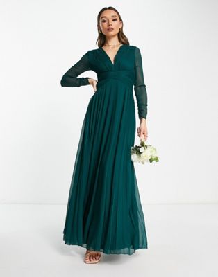 ASOS DESIGN Bridesmaid ruched waist maxi dress with long sleeves and pleat skirt in dark green