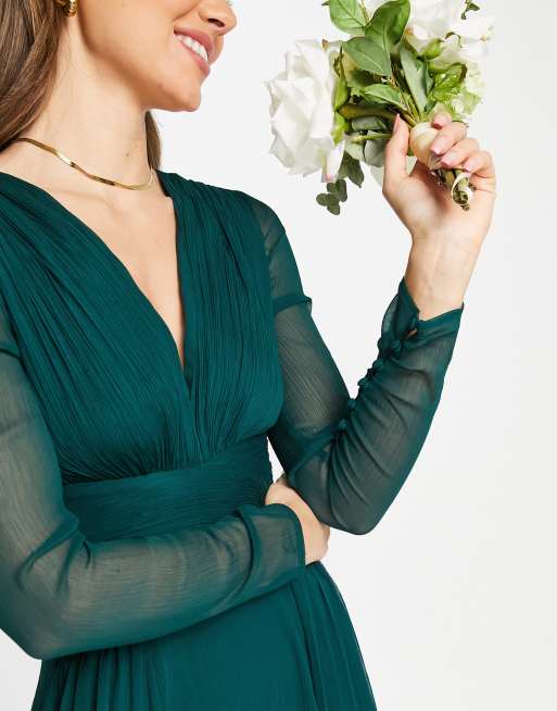 ASOS DESIGN Bridesmaid ruched waist maxi dress with long sleeves and pleat  skirt in dark green