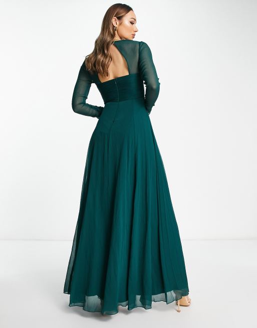 ASOS DESIGN Bridesmaid ruched waist maxi dress with long sleeves and pleat skirt in dark green