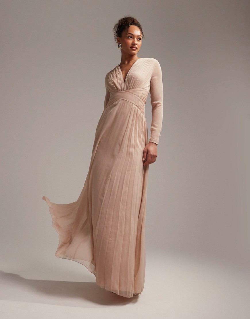 ASOS DESIGN Bridesmaid ruched waist maxi dress with long sleeves and pleat skirt in light pink