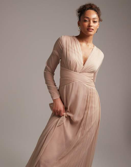 ASOS DESIGN Bridesmaid ruched waist maxi dress with long sleeves and pleat  skirt