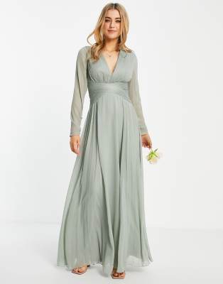 ASOS DESIGN Bridesmaid ruched waist maxi dress with long sleeves and pleat  skirt in olive | ASOS