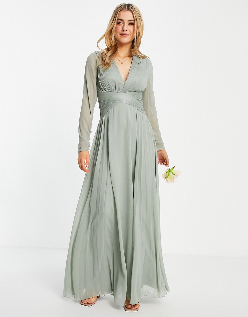 ASOS DESIGN Bridesmaid ruched waist maxi dress with long sleeves and pleat skirt in olive-Green