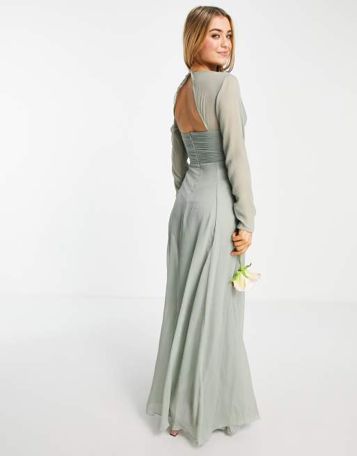 Flounce London - high neck maxi dress with ruched detail in olive green