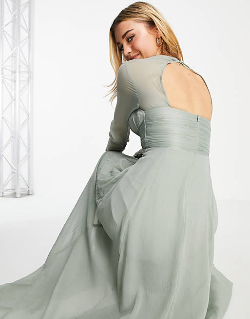 Dresses Bridesmaid ruched waist maxi dress with long sleeves and pleat skirt in olive 