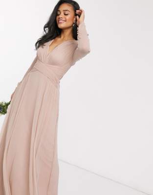 ASOS DESIGN BRIDESMAID RUCHED WAIST MAXI DRESS WITH LONG SLEEVES AND PLEAT SKIRT-MULTI,GODEZ384