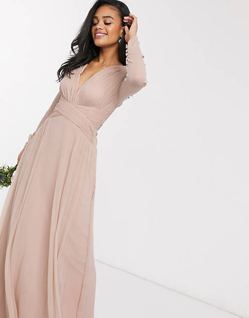 ASOS DESIGN Bridesmaid ruched waist maxi dress with long sleeves and pleat skirt