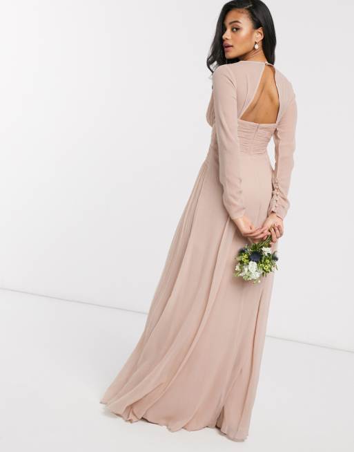 ASOS Tall ASOS DESIGN Tall Bridesmaid ruched waist maxi dress with long  sleeves and pleat skirt in Mauve - ShopStyle