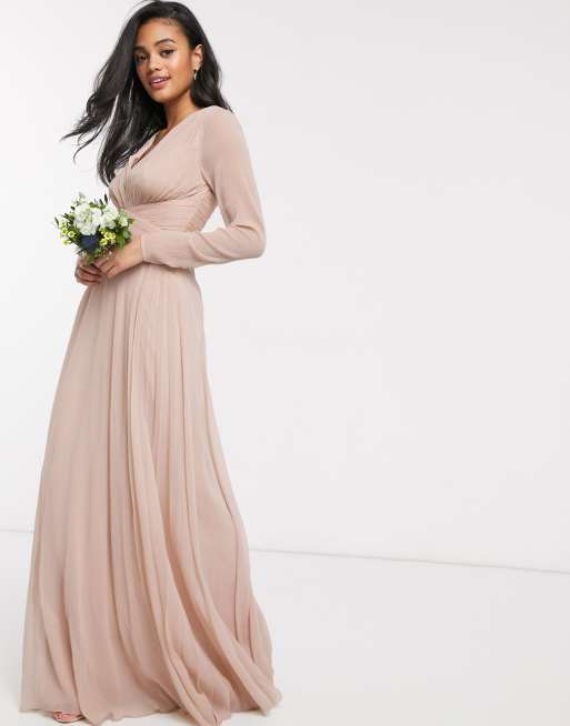 ASOS DESIGN Bridesmaid ruched waist maxi dress with long sleeves and pleat skirt