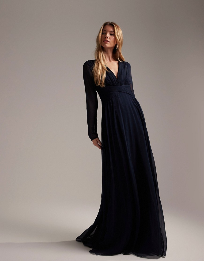 ASOS DESIGN Bridesmaid ruched waist maxi dress with long sleeves and pleat skirt-Navy