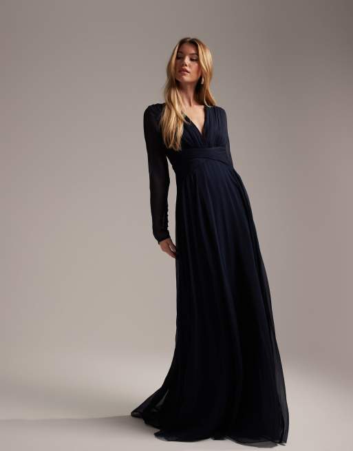 ASOS DESIGN Bridesmaid ruched waist maxi dress with long sleeves and pleat skirt