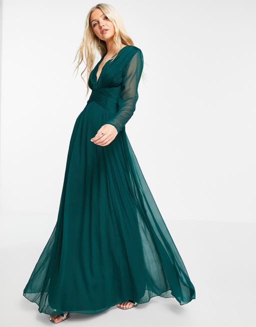 ASOS DESIGN Bridesmaid ruched waist maxi dress with long sleeves and pleat skirt