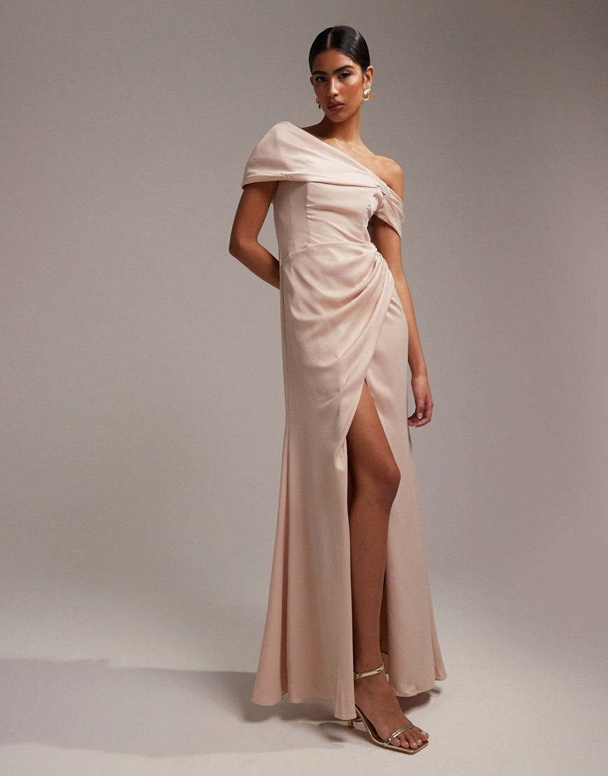 ASOS DESIGN Bridesmaid satin bardot drape wrap maxi dress in blush-Pink