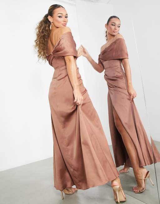 ASOS DESIGN Bridesmaid satin bardot drape wrap maxi dress in sage green