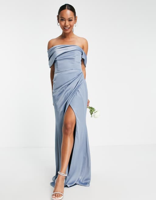 ASOS DESIGN Bridesmaid satin bardot drape wrap maxi dress in dusky blue