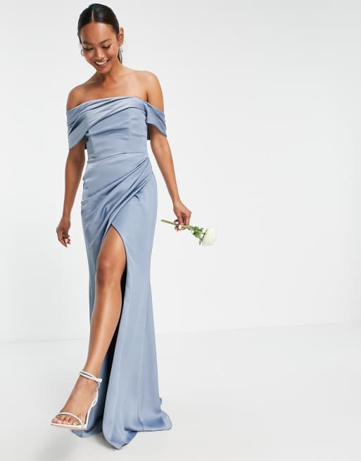 ASOS DESIGN Bridesmaid satin bardot drape wrap maxi dress in dusky blue, 3 of 4