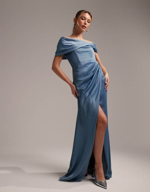 ASOS DESIGN Bridesmaid satin bardot drape wrap maxi dress in dusky blue