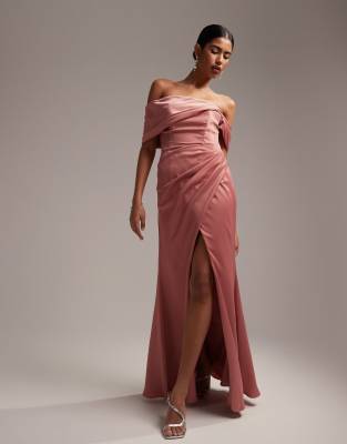 Asos Design Bridesmaid Satin Bardot Drape Wrap Maxi Dress In Dusky Rose-pink