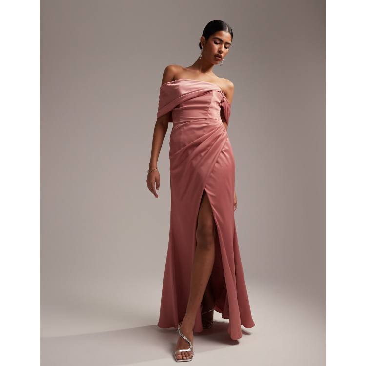 ASOS DESIGN Bridesmaid satin bardot drape wrap maxi dress in dusky rose ASOS