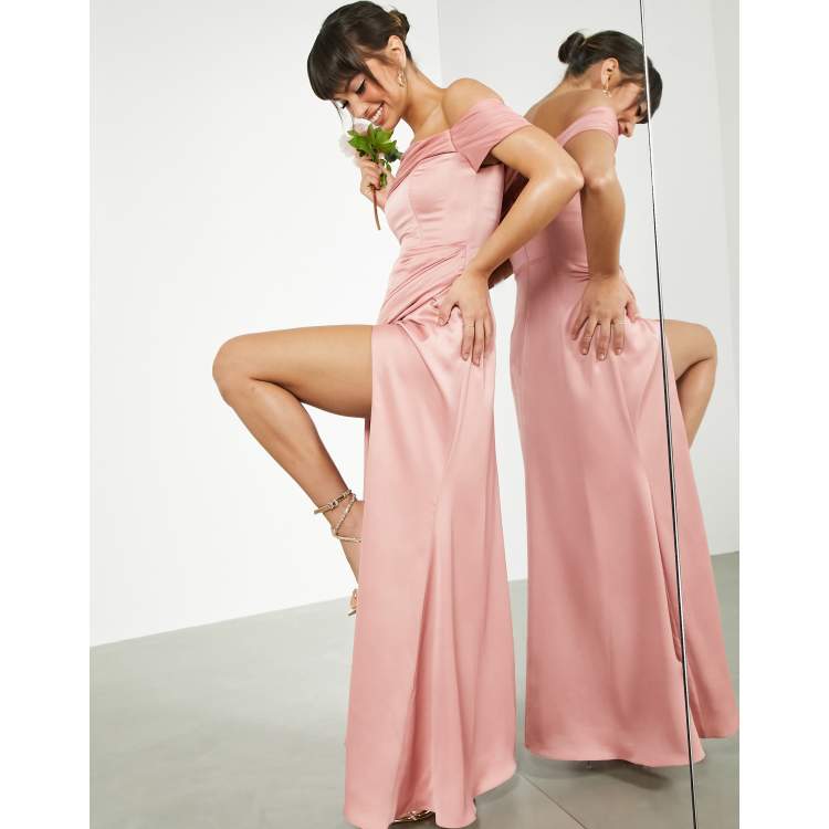 ASOS DESIGN Bridesmaid satin bardot drape wrap maxi dress in dusky rose