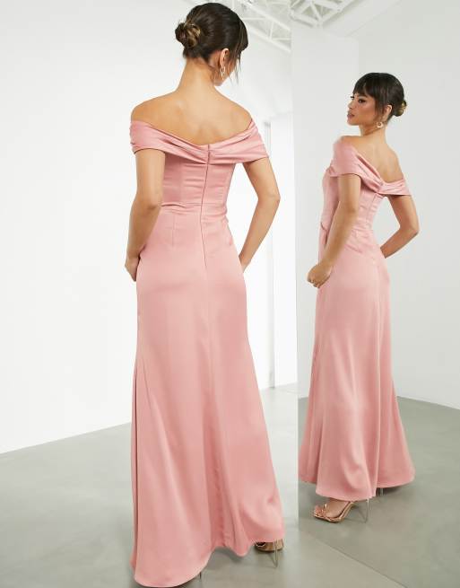 ASOS DESIGN Bridesmaid satin bardot drape wrap maxi dress in dusky rose