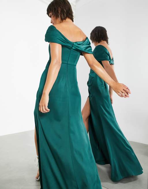 Emerald green wrap over long sleeve bardot maxi outlet dress