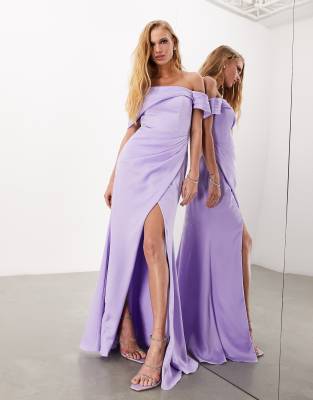 ASOS DESIGN Bridesmaid satin bardot drape wrap maxi dress in lilac | ASOS