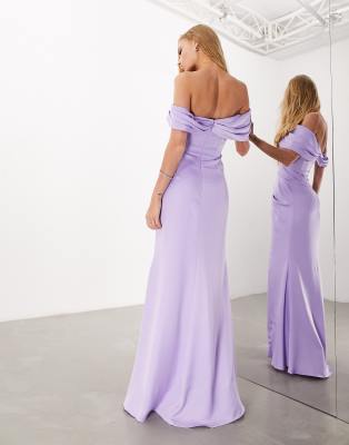 ASOS DESIGN Bridesmaid satin bardot drape wrap maxi dress in lilac | ASOS