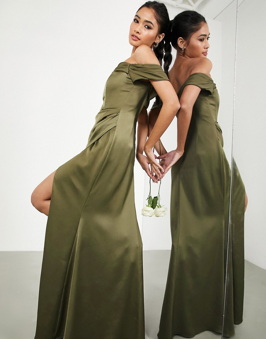 ASOS DESIGN Bridesmaid satin bardot drape wrap maxi dress in olive-Green