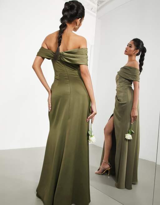 ASOS DESIGN Bridesmaid satin bardot drape wrap maxi dress in sage green