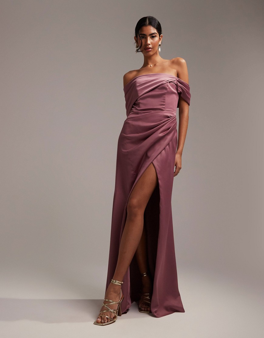 ASOS DESIGN Bridesmaid satin bardot drape wrap maxi dress in orchid-Purple