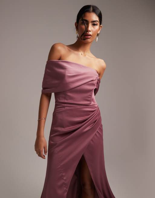 ASOS Design Bridesmaid Satin Bardot Drape Wrap Maxi Dress in orchid Purple