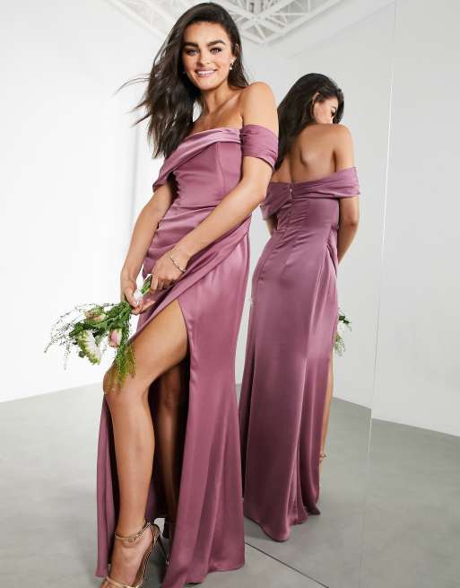 ASOS DESIGN Bridesmaid satin bardot drape wrap maxi dress in orchid