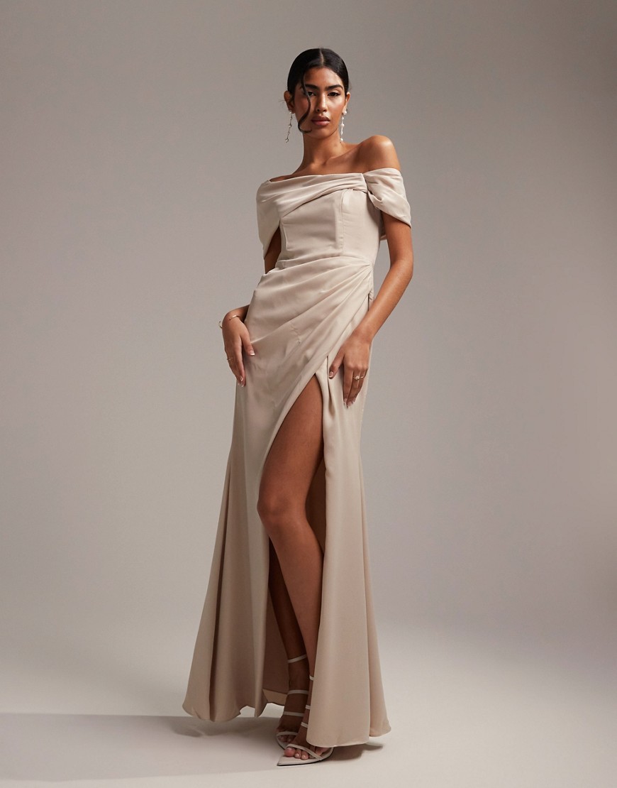 ASOS DESIGN Bridesmaid satin bardot drape wrap maxi dress in oyster-White