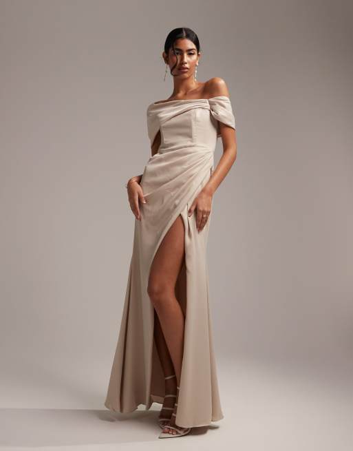 ASOS DESIGN Bridesmaid satin bardot drape wrap maxi dress in oyster