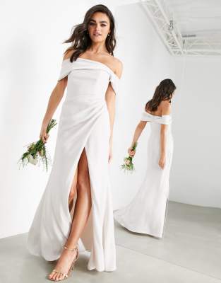 ASOS DESIGN Bridesmaid satin bardot drape wrap maxi dress in pale silver |  ASOS