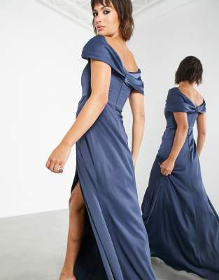 ASOS DESIGN Bridesmaid satin bardot drape wrap maxi dress in petrol blue |  ASOS