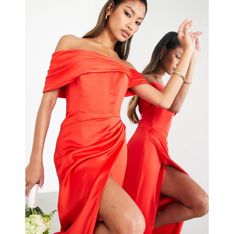 ASOS DESIGN Bridesmaid satin bardot drape wrap maxi dress in red