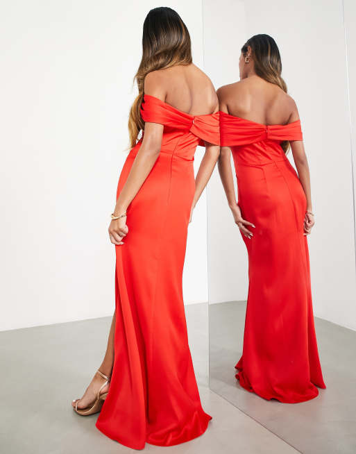 ASOS DESIGN Bridesmaid satin bardot drape wrap maxi dress in red