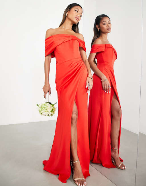 ASOS DESIGN Bridesmaid satin bardot drape wrap maxi dress in red