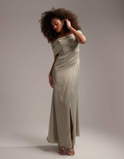 ASOS DESIGN Bridesmaid satin bardot drape wrap maxi dress in sage green